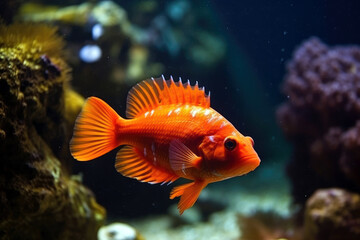 Fototapeta premium vivid tropical fish swimming in a coral reef with a blurred underwater environment, copyspace for text, generative ai