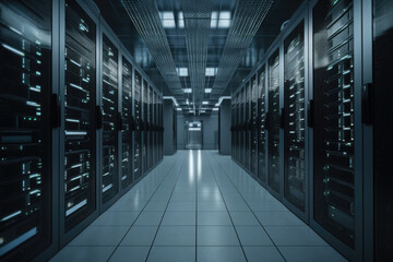 Big data center with server racks. Server room interior. Digital technology hardware. Created with Generative AI