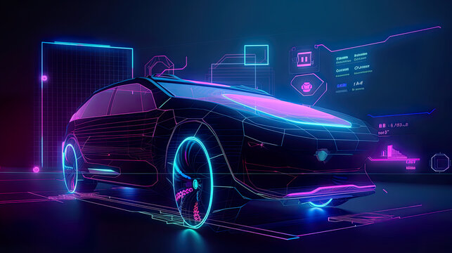Latest car safety features, panels and glowing sensors, showcase, AI generative futuristic illustration