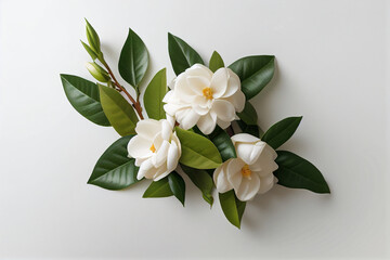 Bouquet of Gardenia cape jasmine flower plant with leaves isolated on white background. 3D rendering. Flat lay, top view. macro