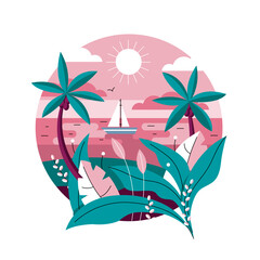 Fototapeta na wymiar Vector illustration of an exotic landscape with a boat, palm trees and the sea.