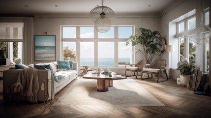 Coastal interior design room with beautiful lightning generative ai