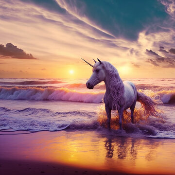Computer dream in a sunrise beach with waves and beautiful unicorn