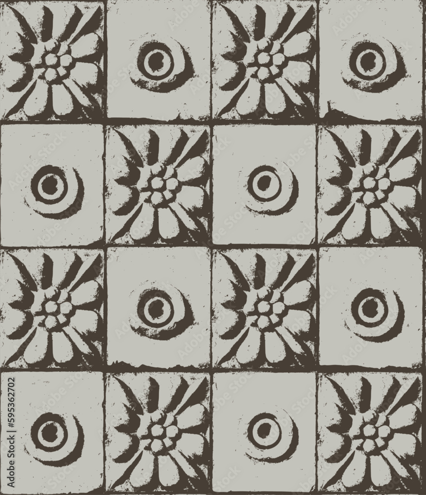 Poster vector seamless pattern with elements of old architecture, tiles, rosettes with geometric ornament. 