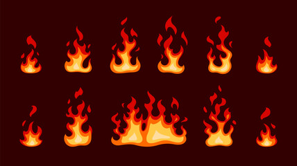 Flat fire set. Isolated flames on dark background. Vector illustration
