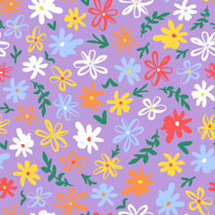 Colorful simple flowers with leaves seamless repeat pattern. Random placed, vector botany all over surface print on lilac background.