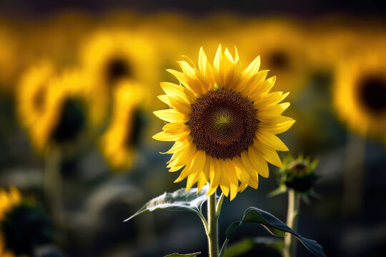 sunflower with a blurred field of sunflowers in the background, copyspace for text, generative ai