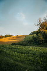 Obraz premium Beautiful and colorful orange sunset in Tuscany, Italy fields