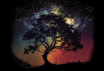 A silhouette of a tree against a starry night sky, watercolor style Generative AI