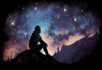 Fototapeta na wymiar A person sitting on a hill, gazing at the stars with wonder, watercolor style Generative AI