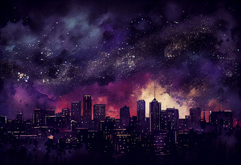 A city skyline with buildings lit up against a backdrop of a starry night sky, watercolor style Generative AI