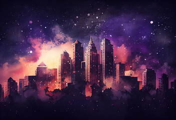 A city skyline with buildings lit up against a backdrop of a starry night sky, watercolor style Generative AI