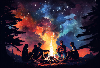 A group of friends sitting around a bonfire under a canopy of stars, watercolor style Generative AI