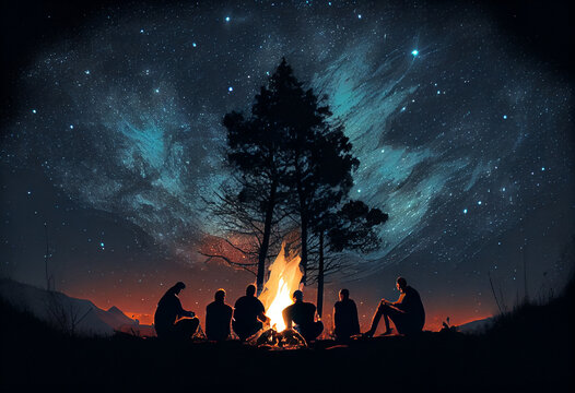 A group of friends sitting around a bonfire under a canopy of stars. Generative AI