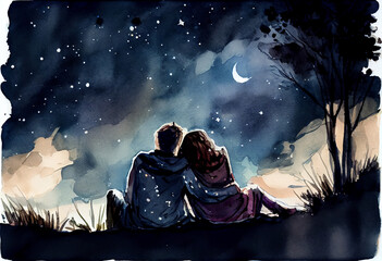 Fototapeta na wymiar A couple lying on a blanket, stargazing and holding hands under the night sky, watercolor style Generative AI