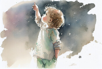 A child pointing towards the stars with an expression of wonder and amazement, watercolor style Generative AI