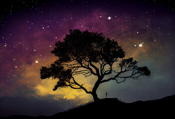 Fototapeta na wymiar A silhouette of a lone tree on a hill with a starry sky as the backdrop, representing solitude and serenity, watercolor style Generative AI
