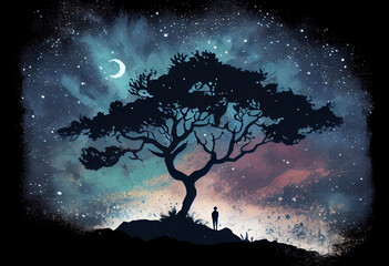 A silhouette of a lone tree on a hill with a starry sky as the backdrop, representing solitude and serenity, watercolor style Generative AI