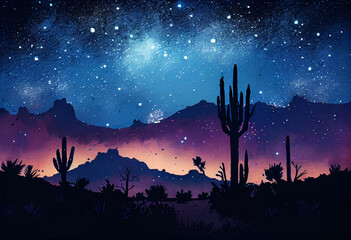 A starry sky above a desert landscape, with cacti silhouetted against the night sky, watercolor style Generative AI