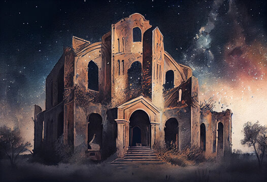 An abandoned building or ruin with a starry background, evoking a sense of mystery and awe, watercolor style Generative AI