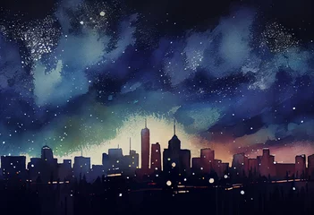 Keuken foto achterwand Aquarelschilderij wolkenkrabber  A city skyline with buildings lit up against a backdrop of a starry night sky, watercolor style Generative AI