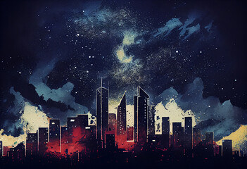 A city skyline with buildings lit up against a backdrop of a starry night sky, watercolor style Generative AI