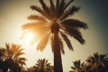 Fototapeta na wymiar A towering palm tree silhouetted by the summer sun. Generative AI