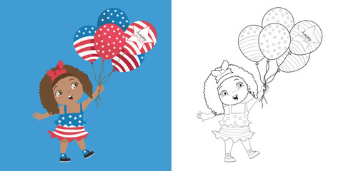 4th of July coloring page for kindergarten and preschool children. Coloring page a cute girl holding balloons with American flag designs. America Independence Day colouring sheet. Vector file.