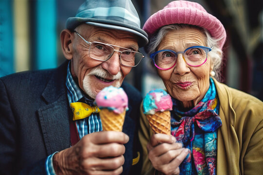very sweet and fashionable senior couple eating icecream. generative ai