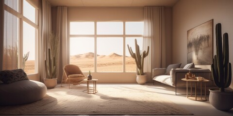 Desert interior design room with beautiful lightning generative ai