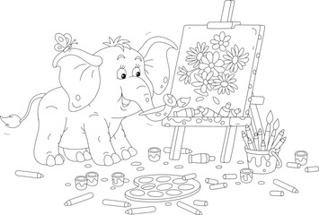 Funny little elephant drawing a bouquet of summer flowers on its easel with a paintbrush, paints and pencils, black and white outline vector cartoon illustration for a coloring book