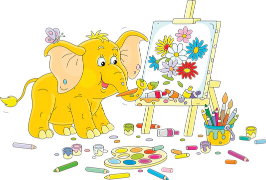 Funny little elephant drawing a bouquet of summer flowers on its easel with a paintbrush, bright paints and color pencils, vector cartoon illustration isolated on a white background