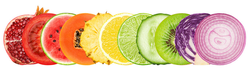 Collage of fresh color fruits, vegetables, berries, healthy food concept