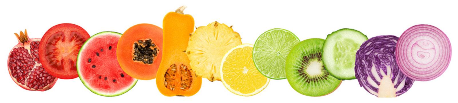 Collage of fresh color fruits, vegetables, berries, healthy food concept