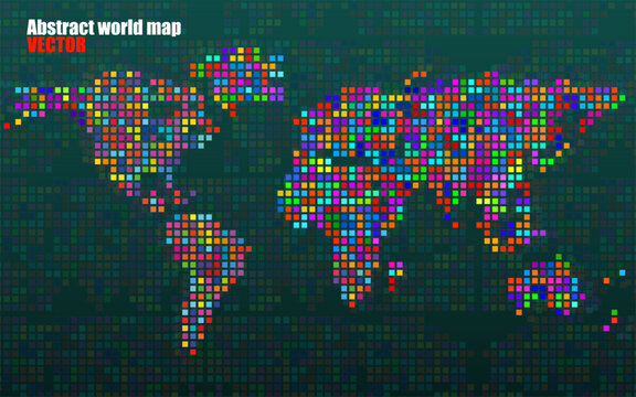Abstract world map from colorful pixels. Vector illustration