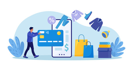 Online shopping. Man purchasing clothes from website, virtually insert credit card to phone for payment. Shopper buying on internet sale. Special offer. Buyer picked goods, paid with mobile banking