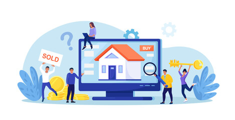 Customers buying apartment in debt with real estate agency online. People investing money in house. Mortgage, loan, ownership and savings. Property investment, house purchase. Family receiving keys