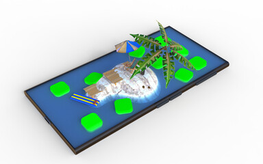 Beach floating inside smartphone at different angles with squares of apps floating in the water