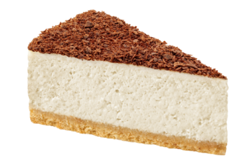 Piece of cheesecake with chocolate isolated on white background, full depth of field