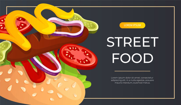 Promo banner with fast food flying hot dog. Street takeaway cafe, cooking, junk food. King size, classic american traditional cartoon snacks meals. Vector for cover, poster, flyer, menu