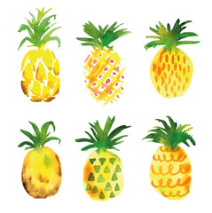 Pineapple fruit and slices set. Watercolor exotic collections on white background for textile, wallpaper print, fashion in modern style.