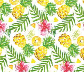 Watercolor seamless pattern of pineapple, hibiscus and palm leaf on white background. Hand drawn texture for textile, wallpaper, fashion, linens and banner print. In modern style - 595367126
