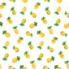 Watercolor seamless pattern of pineapple on white background. Hand drawn texture for textile, wallpaper, fashion, linens and banner print. In modern style - 595367131