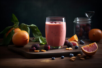Homemade antioxidant summer fruits smoothie on rustic table. ai generative