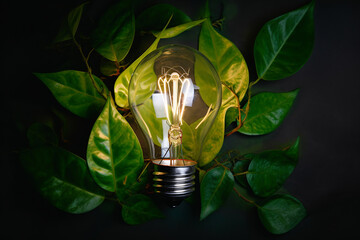 green leaves around energy saving light bulb, concept of green and sustainable energy options. AI generative