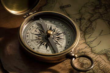 Fototapeta na wymiar Old compass on a vintage map. ai generative