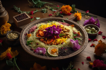 a bright, colorful dish infused with ashwagandha. healthy eating and veganism. ai generative