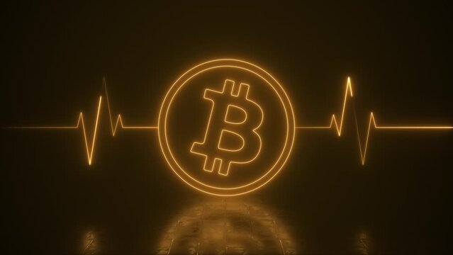 Neon Bitcoin With Heartbeat Line Life Support Loop Background. Neon Orange Bitcoin With Life Support Lines.