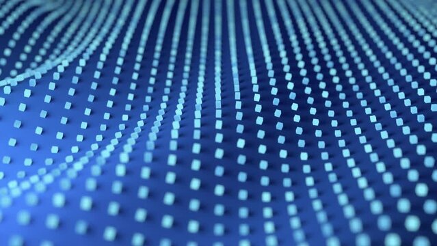 Digital data bits on flowing smooth waves of information. Abstract visualization of big data, data transfer, artificial intelligence. Digital sound concept: cubes on blue waving surface. Seamless loop