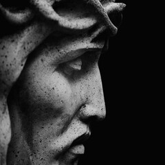 Macro image of Jesus Christ crown of thorns. Fragment of an ancient stone statue.